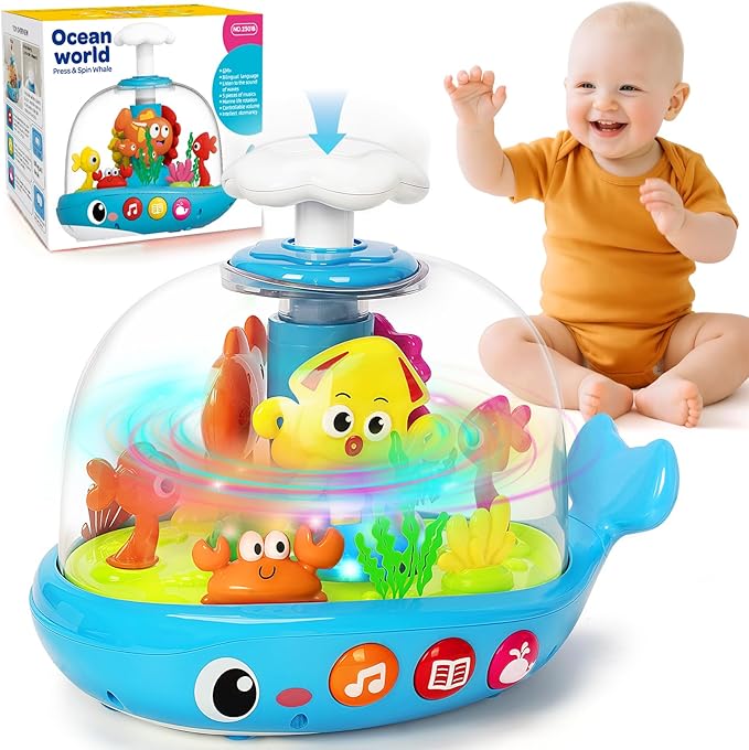 Baby Toys 6-12 Months, Musical Aquarium Infant Toys for 7 8 9 10 11 Months, Early Learning Educational Toy with Sound, Press Glow Spin for Cause and Effect, Christmas Birthday Gifts for Boy Girl