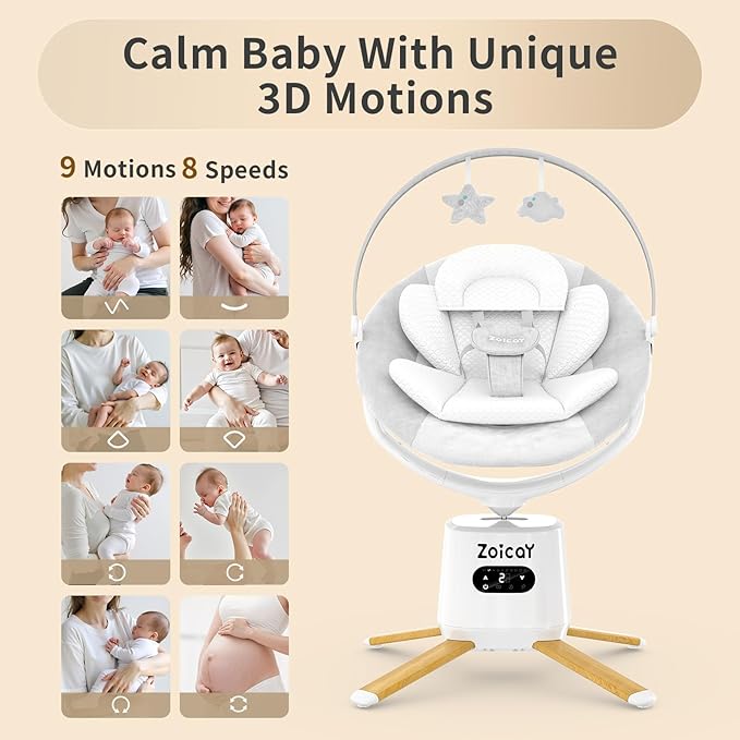 Zoicay Baby Swing with 9 Modes & 8 Speeds, Electric 3D-Motion Baby Swings for Infants, 360° Rotating Seat, APP & Remote Control, 6 Preset Lullabies, Portable Infant Swing for Indoor and Outdoor(White)