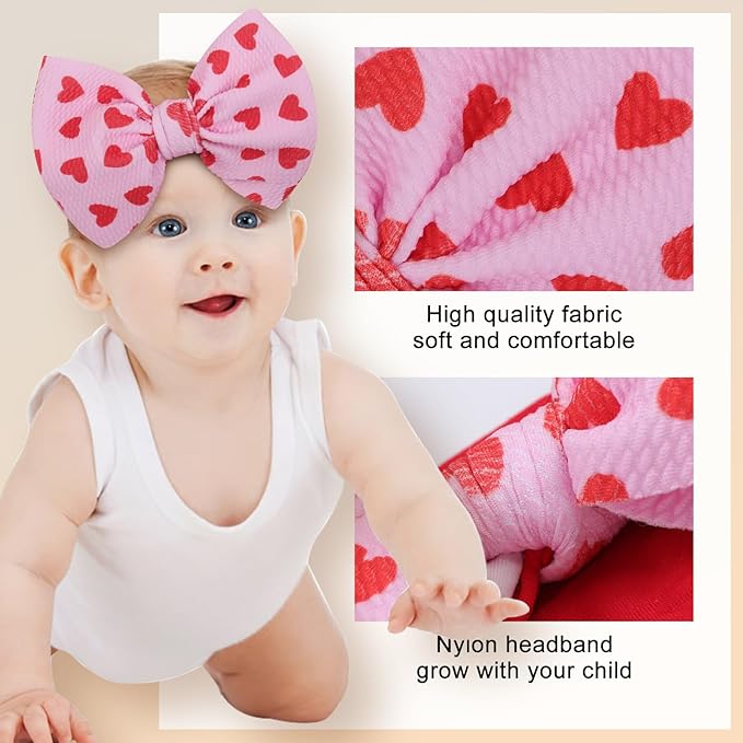 6'' Large Valentines Bow Baby Headbands Handmade Hairbands with Bows High Stretchy Soft Nylon Headbands Baby Hair Accessories for Infant Baby Girls Red Light Pink Heart