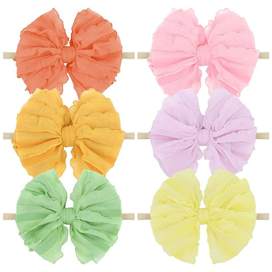 YanJie Hairband, 6pcs-Candy Color Soft Stretchy Nylon Headbands for Baby Girls, Handmade Lace Baby Girl Bows Accessories for Infants Toddlers Child, Pink Purple Yellow Green
