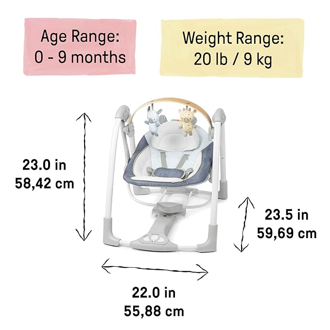 Ingenuity Swing n Go Portable Swing, Removable Sustainably Sourced Wood Toy Bar, 5-Speed, for Ages 0-9 Months, Up to 20 Pounds - Chambray