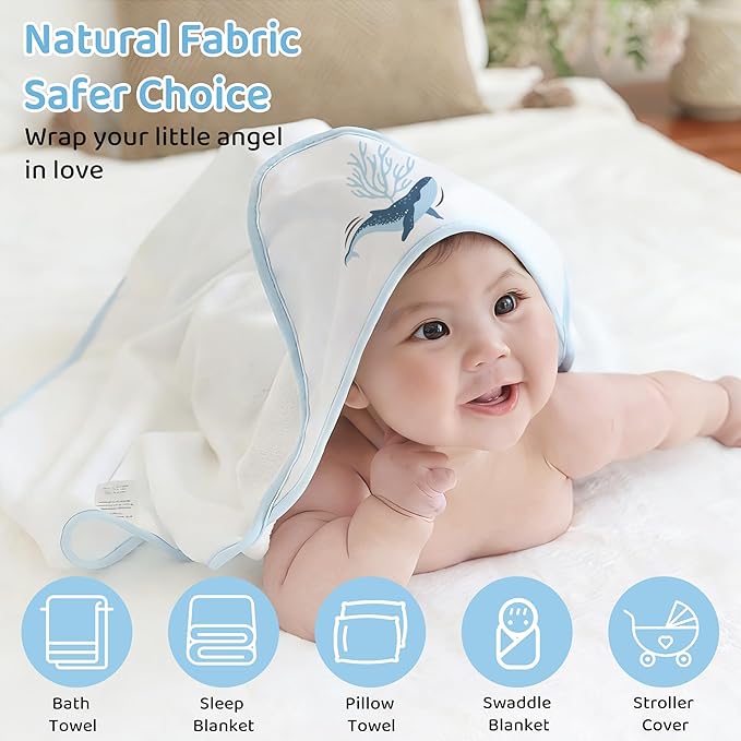 Mooreeke Baby Towel with Hood for Boys Blue Ocean Bath Towel for Babies Ultra Soft Absorbent 3 PCS Baby Towels and 3 PCS Washcloths for Newborn Essentials