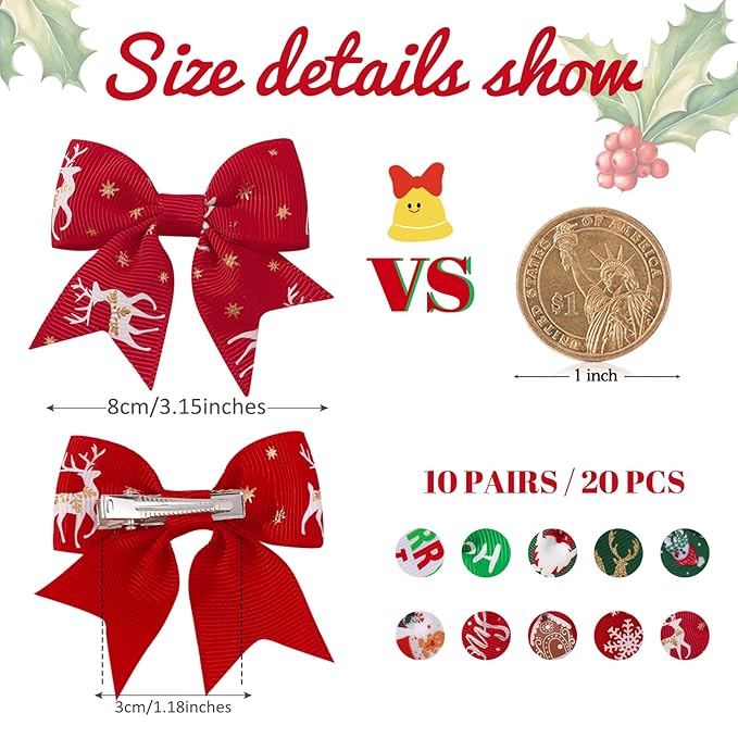 Jollybows 20pcs Christmas hair bows Baby Hair Clips Girls Bows Mini Alligator Clip Toddler Pigtail Bow Fine Hair Clip Christmas hair accessories-Green, Red, White