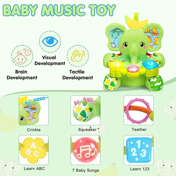 Ryotagift Baby Bilingual Musical Elephant Stuffed Animals Toys,Infant Early Learning Toy with Light-Up Music & Crinkle,Tummy Time Toys for 0 3 6 9 12+ Months for Baby Boy Girl Gift,Green