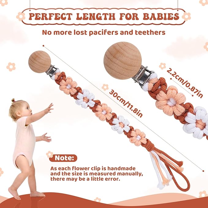 Pacifier Clip for Boys Girls Floral Daisy Macrame Baby Paci Clip Pacifier Holder Leash Boho Wooden Clips Handmade Braided Cotton Binky Clips (1pack:Caramel Style A)