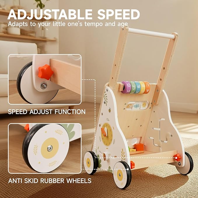 Wooden Baby Walker with Wheels,Adjustable Speed Baby Push Walker for Boys and Girls,Montessori Activity Center Walking Toys for 1 Year Old Learning to Walk,First Birthday Gift