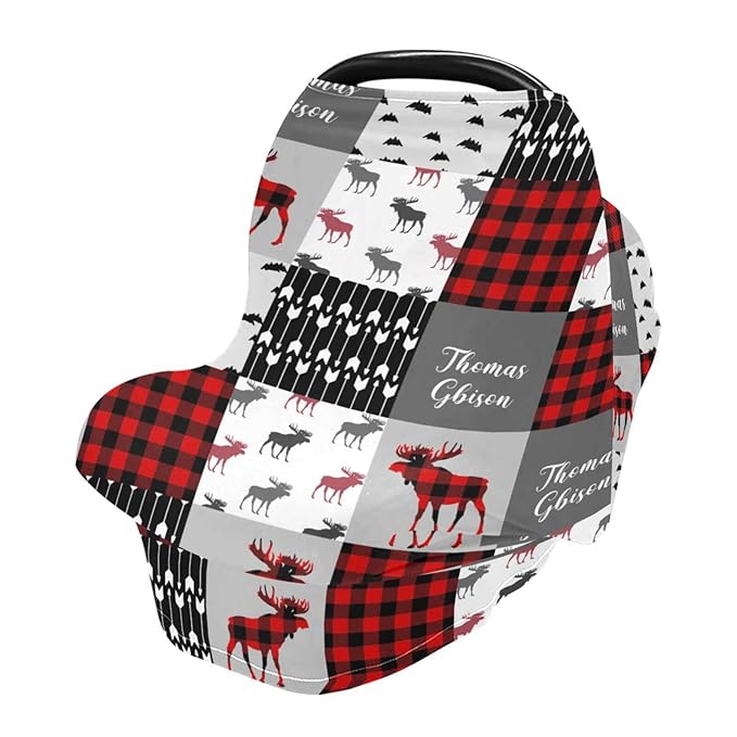 Personalized Baby Car Seat Cover for Boys Girls, Custom Nursing Covers for Breastfeeding with Name, Infant Stroller Cover, Baby Carseat Canopy for Newborn, Multiuse Car Seat Canopies, Red Plaid Deer