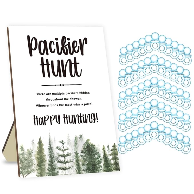 Azbuk Baby Shower Party Games, Baby Pacifier Hunt, Baby Shower Game Set Include Forest Theme Pacifiers Hunt Game Sign, 50 Blue Mini Pacifiers for Baby Shower