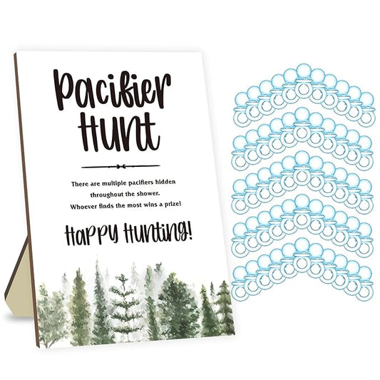 Azbuk Baby Shower Party Games, Baby Pacifier Hunt, Baby Shower Game Set Include Forest Theme Pacifiers Hunt Game Sign, 50 Blue Mini Pacifiers for Baby Shower