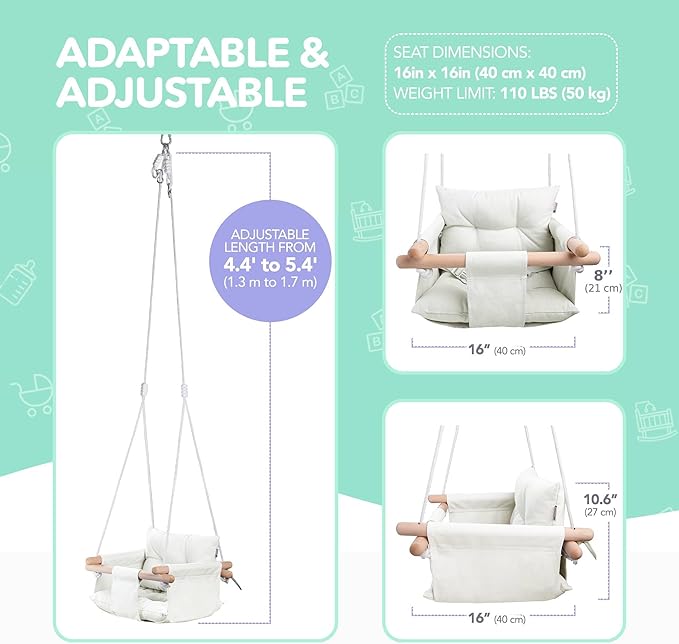 CaTeam - Canvas Baby Swing, Wooden Hanging Swing Seat Chair with Safety Belt, Durable Baby Swing Chair, Outdoor and Indoor Swing for Kids, Mounting Hardware Included, Ivory