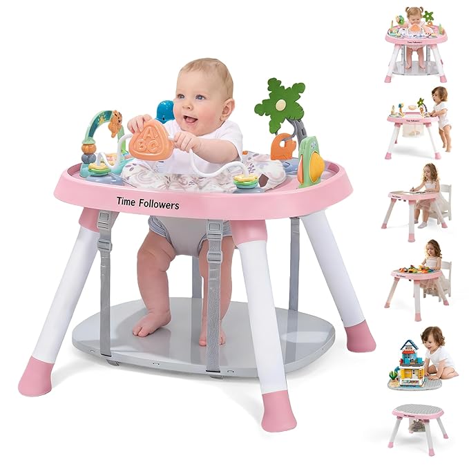 Time Followers® 6-in-1 Baby Activity Center | 4 Stage Montessori-Inspired Toys | Grow Stationary Standing Toddler Table | Jumpers & Bouncers | Must Have for Boy & Girl 6, 12, 24+ Month Old (Pink)