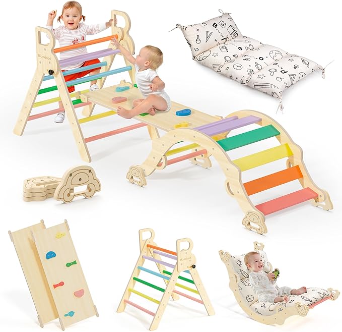 BlueWood Pikler Triangle Set with Cushion, 8-in-1 Climbing Toys for Toddlers, Montessori Philosophy Play Jungle Gym with Arch, Ramp, Ladder(Sunshine Rainbow)