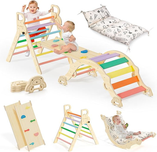 BlueWood Pikler Triangle Set with Cushion, 8-in-1 Climbing Toys for Toddlers, Montessori Philosophy Play Jungle Gym with Arch, Ramp, Ladder(Sunshine Rainbow)