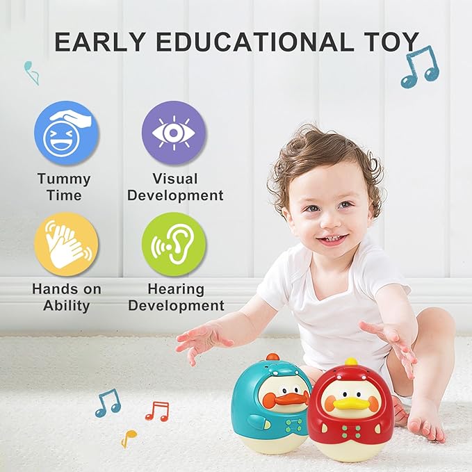 Musical Wobbler Toy, Tinabless Roly Poly Baby Toys, Dinosaur-Duck Tummy Time Toy | Tumbler Wobbler Toys for Newborns 3-12 Month Baby Boys and Girls Easter Basket Gifts Stocking Fillers(Blue)