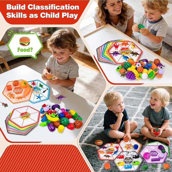 Sorting Toys for Toddlers, 48 Toys Sorting Matching Playset Sensory Toys for Kids, Match Card Sort Game Set with Storage Bag, Multiple Theme Box Preschool Educational Learning Fine Motor Skills Games