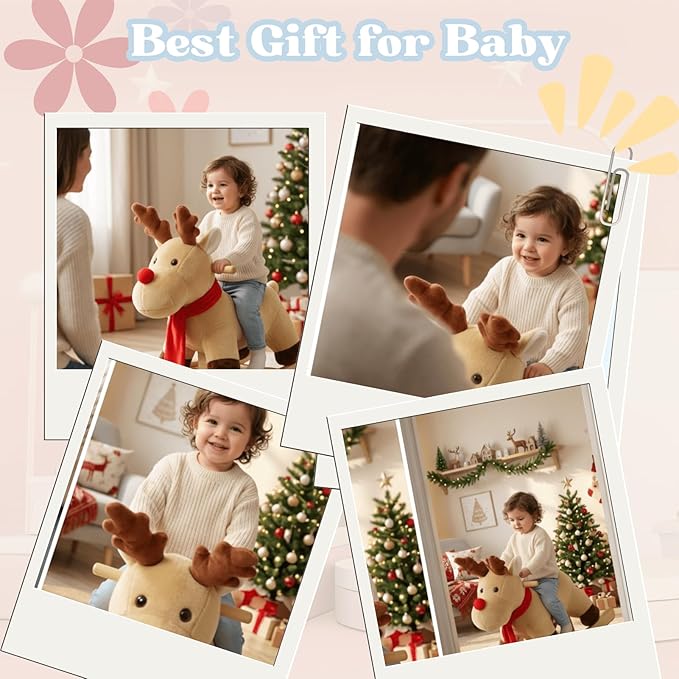Rocking Horse Baby, Plush Stuffed Rocking Toy for 1-3 Year Old Toddlers, Wooden Reindeer-Shaped Rocking Toy, Apricot Reindeer