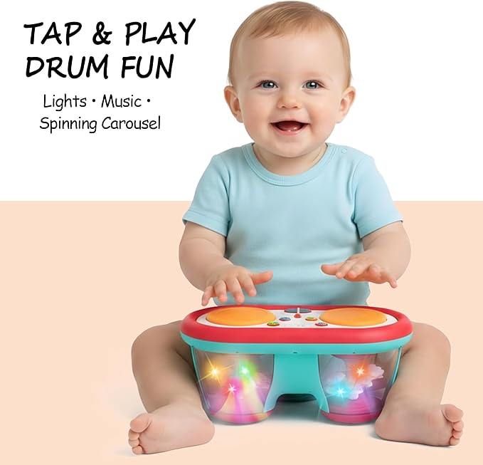 Baby Toys for 6-18 Months, Musical Drum, Light Up, Tummy Time, Baby Gifts