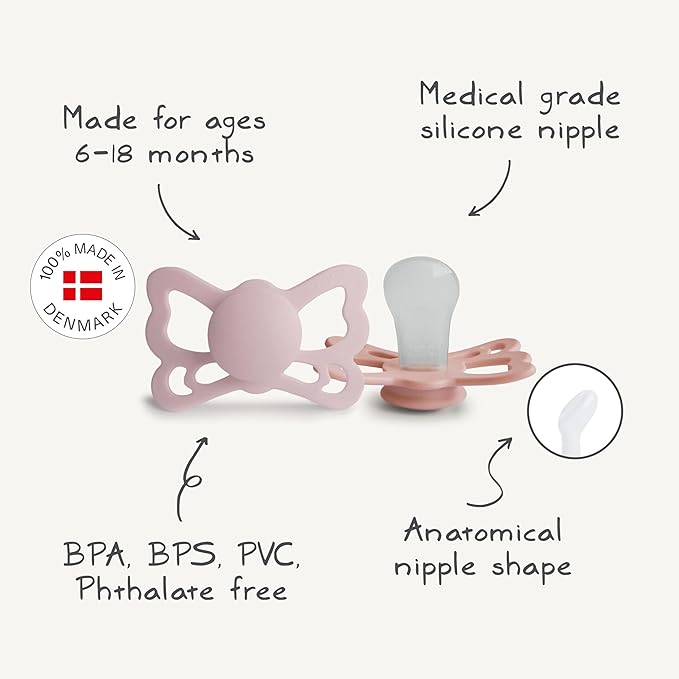 FRIGG Butterfly Anatomical SilkySoft Silicone Baby Pacifier | Made in Denmark | BPA-Free (Great Gray/Silver Gray, 6-18 Months)