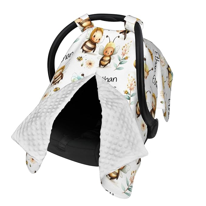 Personalized Winter Carseat Cover for Baby Custom Name Car Seat Canopy for Newborn Baby Boys Girls 2 in 1 Mom Nursing Breastfeeding Covers Bee Minky Baby Carrier Stroller Covers