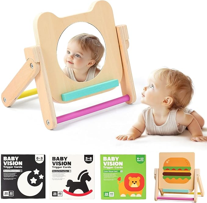 IEATFO Rotating Baby Safe Mirror with 120 Pages Visual Stimulation Cards - Wooden Tummy Time Mirror Toys - Black White Red and Color High Contrast Baby Flashcards for Brain and Cognitive Development