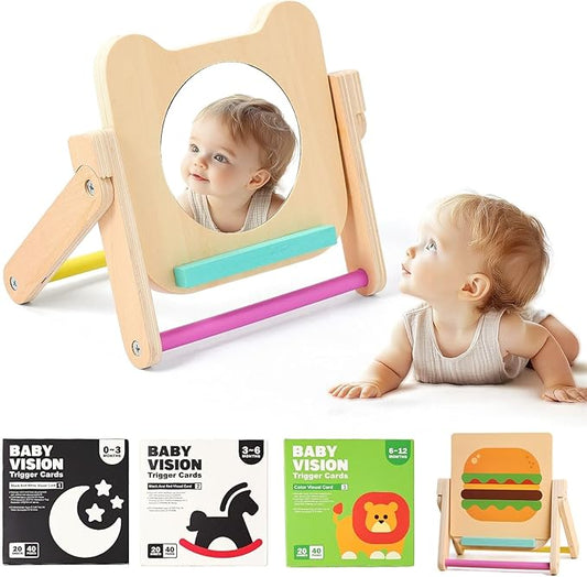 IEATFO Rotating Baby Safe Mirror with 120 Pages Visual Stimulation Cards - Wooden Tummy Time Mirror Toys - Black White Red and Color High Contrast Baby Flashcards for Brain and Cognitive Development
