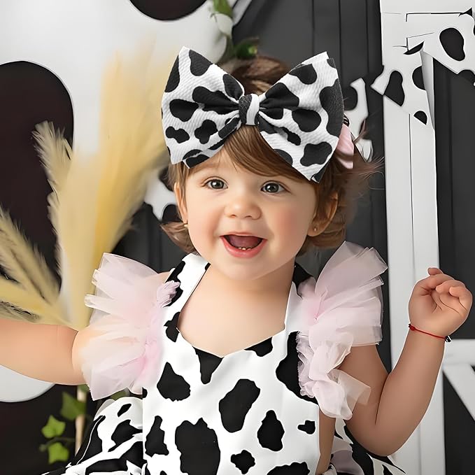 Moo Cow Print 6’’ Hair Bows for Girls Cowgirl Accessories Newborn Infant Toddler Baby Girl Headbands Black & Pink Bow Baby Wrap