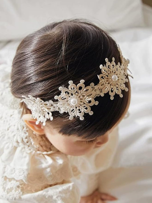 Baby Girls Flower Headbands Cute Kids Christening Headband Soft Lace Hairbands Floral Crown Newborn Infant Toddlers Hair Accessories for Birthday Party Photography(Beige Flowers)