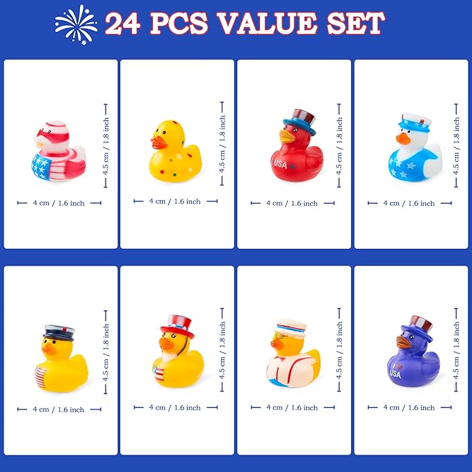 JOYIN 24 Pcs Patriotic Rubber Ducks, Red White Blue 4th of July Bulk Ducks with 8 Patriotic Designs, Independence Day Party Favor Gift Bath Toys for Kids Toddlers