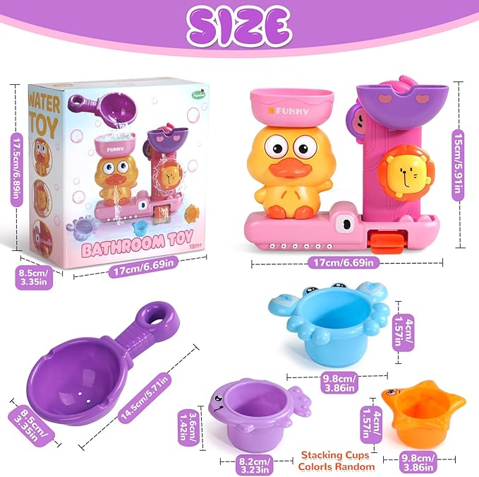 Baby Bath Toys for Kids Ages 1-3 Interactive Toddler Bath Toys Duck Learning Mold Free Shower Tub Toys for 1+ Year Old Girl Gifts with 3 Stacking Cups & 1 Water Spoon(Pink)