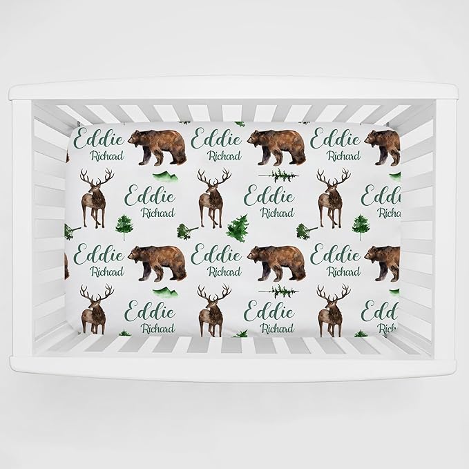 Personalized Pack and Play Sheets with Name, Custom Woodland Deer Bear Baby Mini Crib Sheets for Baby Boys Girls, Name Pack n Play, Fitted Sheet with Name, Soft and Breathable Material