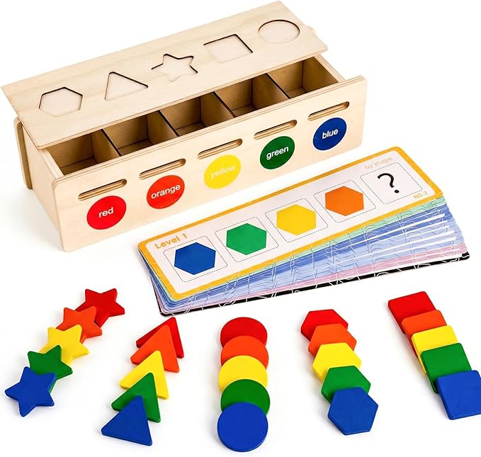 LovesTown 3-in-1 Wooden Shape Color Sorter Box with Logic Cards - Educational Matching Puzzle Game for Fine Motor Skills - Montessori Learning Gift for Toddlers