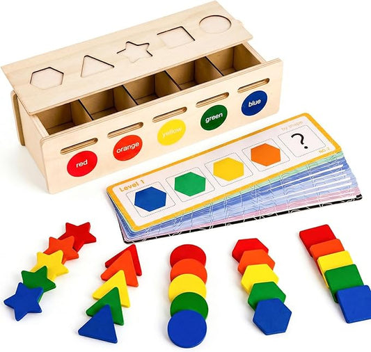 LovesTown 3-in-1 Wooden Shape Color Sorter Box with Logic Cards - Educational Matching Puzzle Game for Fine Motor Skills - Montessori Learning Gift for Toddlers