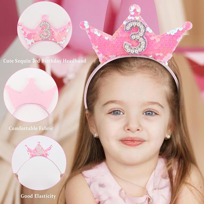 Birthday Crown Headband Pink Glitter Headbands for Girls 3 Year Old Girl Gifts 3rd Birthday Decorations