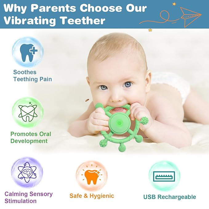 YOFUN 3-Speed Vibrating Baby Teether – Soothing Silicone Teething Toy for Infants 3M+, Food-Grade, USB Rechargeable – Soft & Safe Gum Relief for Babies (Green)