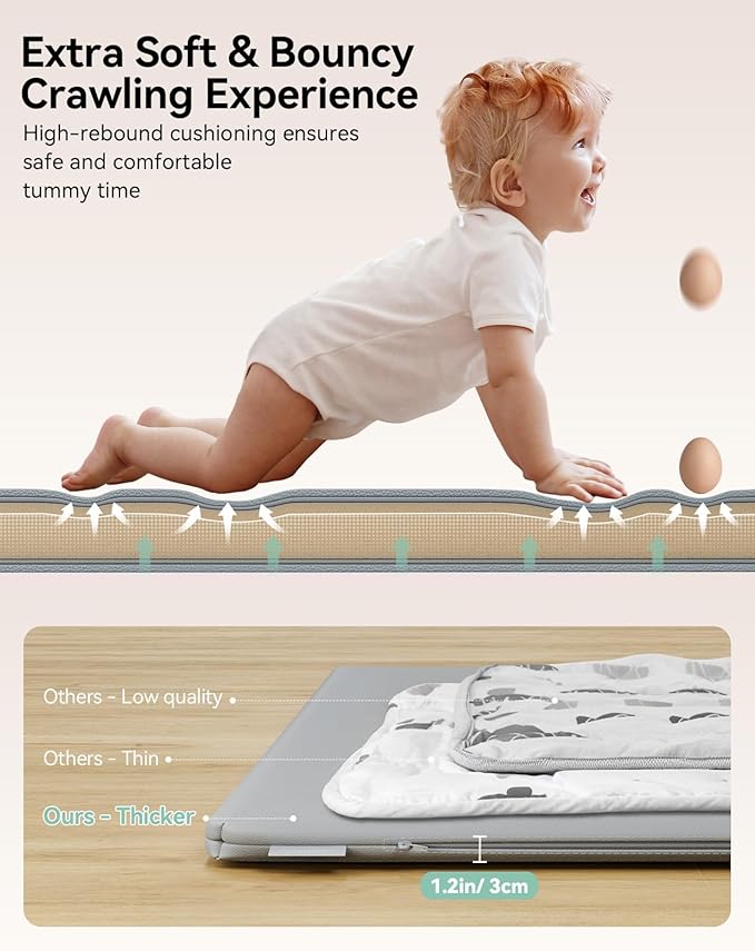 COMOMY Vegan Leather Baby Play Mats for Floor, 50 x 50 Play Mat for Playpen, Thickened High-Density Foam Playmats for Babies and Toddlers - Extra Soft and Resilient, Easy to Wipe Clean, Light Gray