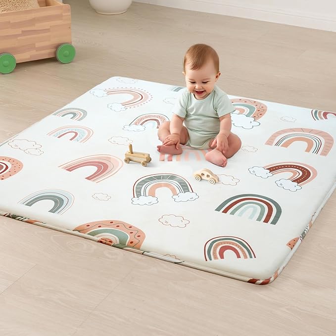 1.5" Thick Premium Baby Floor Play Mat, 50x50 Padded Memory Foam Mat, Tummy Time Crawling Playmat for Nursery Playroom Classroom, Rainbow