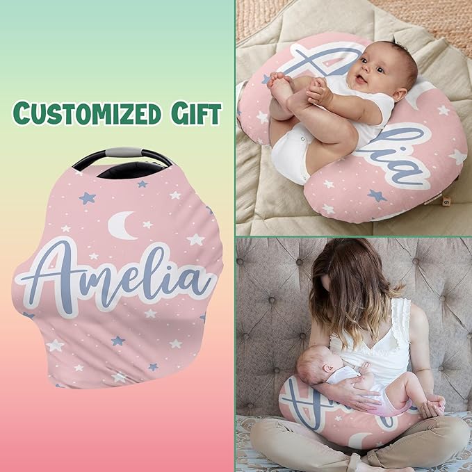 Custom Car Seat Covers for Babies - Breathable Baby Car Seat Cover for Girls Boys, Pink Moon Kick-Proof Newborn Carrier Canopy Stretchy Stroller Cover for 4 Seasons