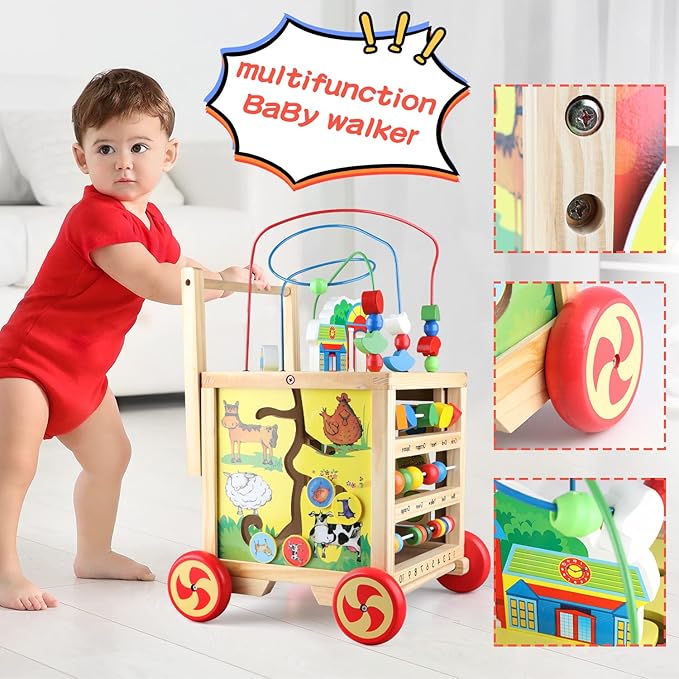 Wooden Activity Cube 6 in 1 Montessori Educational Learning Sensory Toys for 1 Year Old 12-18 Months Boys Girls First Birthday Gifts for Baby Toddler Toys Age 1-2 Bead Maze Shape Sorter Abacus