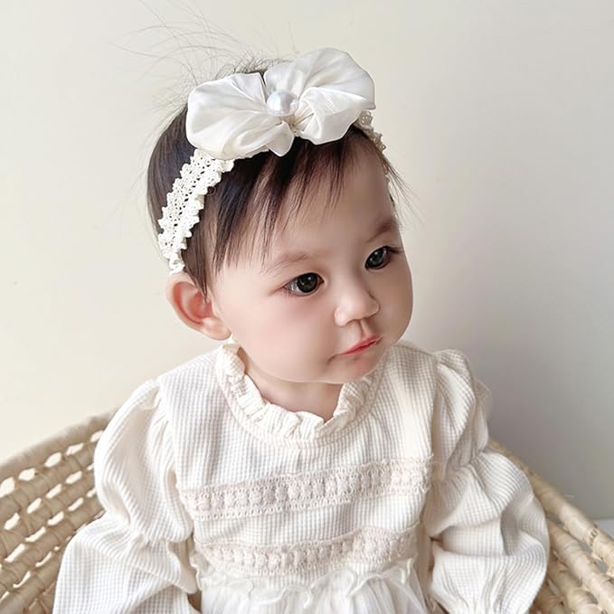 Baby Girls Hairband White Bow Lace Headbands Handmade Soft Stretchy Bowknot Hairbands Newborn Headband with Bows Pearls Elastic Head Band for Newborn Infant(Beige Satin Bow)