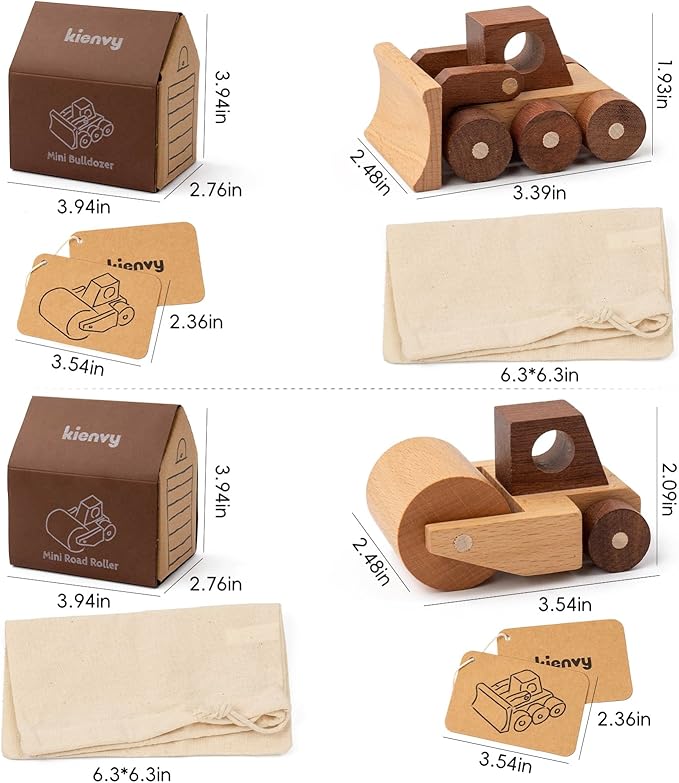 Wooden Toy Cars for 3 Year Old Boys & Girls - Construction Vehicles Set Push Toys for Toddlers, Wood Montessori Car with Rolling Wheels, Natural Wood Toys (Bulldozer & Road Roller)