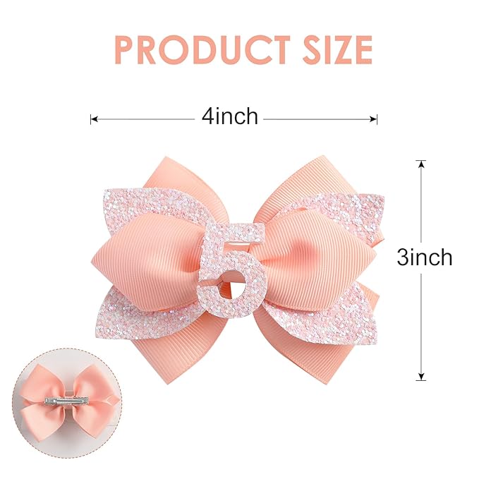Glitter Birthday Hair Bow for Baby Girls 1 2 3 4 5 6 Years Peach Party Decoration Hair Accessories for Five 5th Birthday