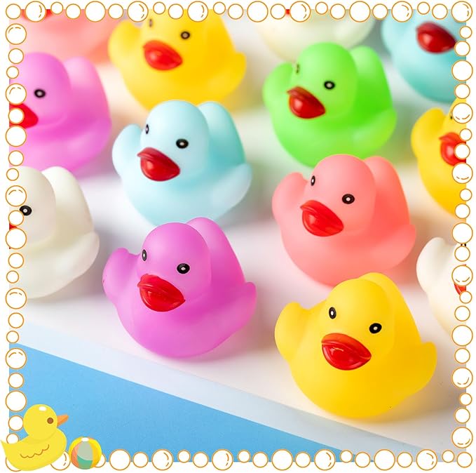 50 Pcs Glow in The Dark Rubber Ducks 2.2'' Luminous Mini Rubber Duck Fluorescent Tiny Light up Floating Squeaky Bathtub Toys for Baby Showers Summer Beach Pool Party Games (Colorful)