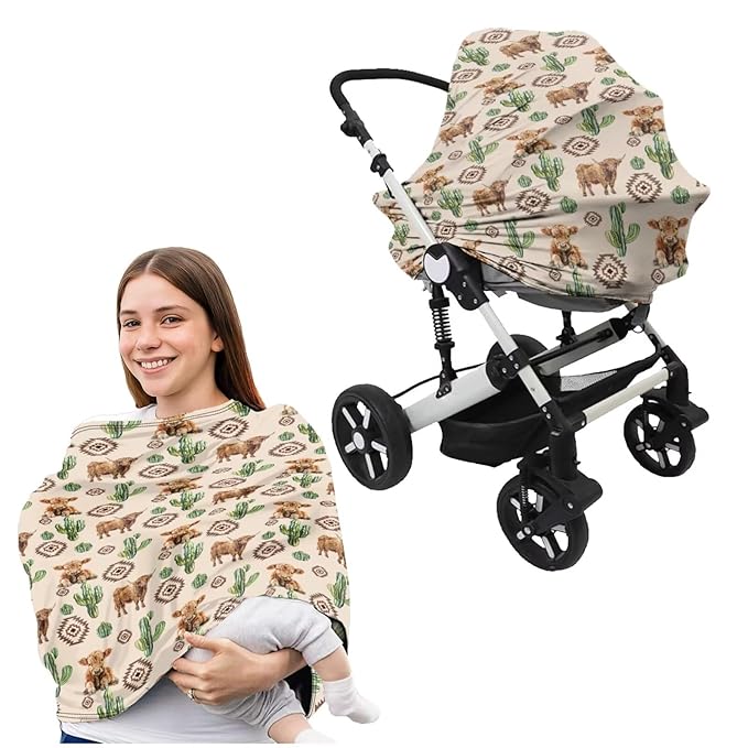 Nursing Carseat Canopy Pillowcase Breastfeeding Cover for Infant Girl & Boy, Highland Cow Cactus Stretchy Car Seat Covers for Babies, Shower Gifts