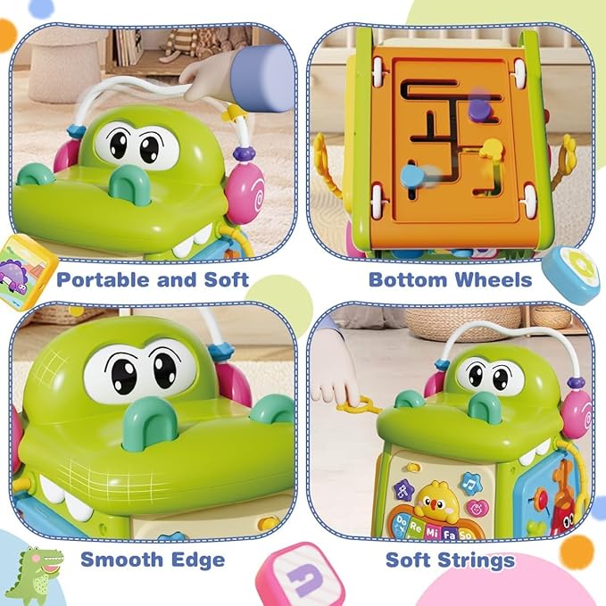 Qizebaby Montessori Activity Cube for Toddlers 1-3, Baby Activity Cube with Music & Lights, 8-in-1 Learning Toy with Shape Sorter & Bead Maze, Educational Toys for 12-36 Months Boys Girls