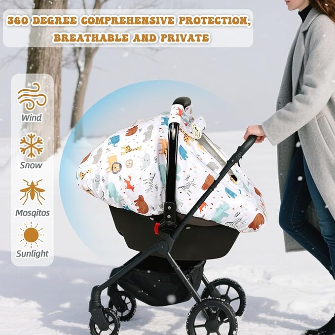 Baby Car Seat Cover for Boys, Infant CarSeat Covers with Mesh Man Fai Sky, Multi-Functional Newborn Canopy Breathable for Summer Winter, Windproof & Universal Fit, Animal