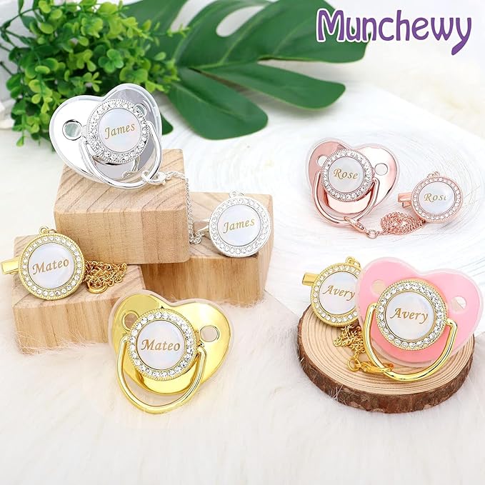 Custom Pacifier with Name, Bling Personalized Pacifier Set with Gift Box, Glitter Crystal Luxurious Soother Dummy Ideal Gift for Boys Baby Shower(Pink)