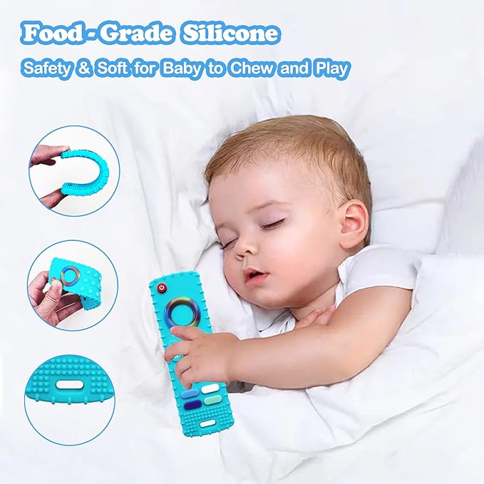 2-Pack Silicone Baby Teething Toys, TV Remote Teethers for 6-12-18 Months Infant, Fire Stick Remote Control Shape Baby Silicone Teethers, Chew Toys for Boys and Girls (New-F Black+R Blue)