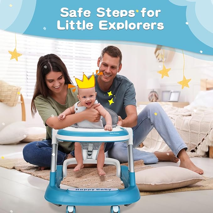 Baby Walker with Wheels 4 in 1 Foldable Activity Center with Mute Wheels Adjustable Heights Anti-Fall Activity Center for Boys Girls Safe Infant Toddler Walker with Footrest for 6-24 Months