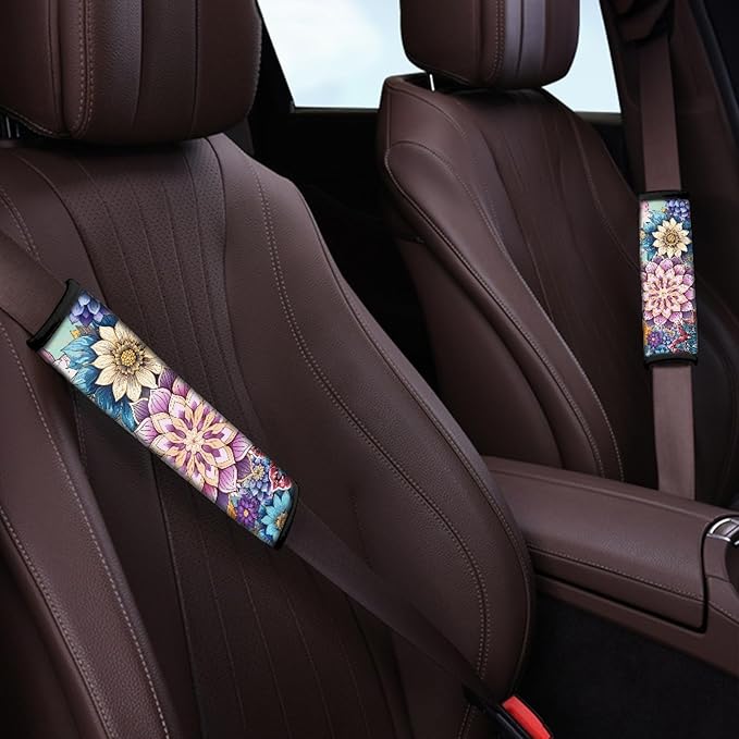 UNICEU Boho Flower Bright Blossom 2 Packs Car Seatbelt Pads Covers for Women Girls, Neoprene Comfortable Car Safety Seatbelt Pads Cover