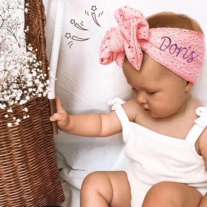 Ulico 2 Pack Personalized Girls Headband with Name,Custom Baby Girls Headband,Girls Embroidered Headbands,Newborn Headbands with Bow